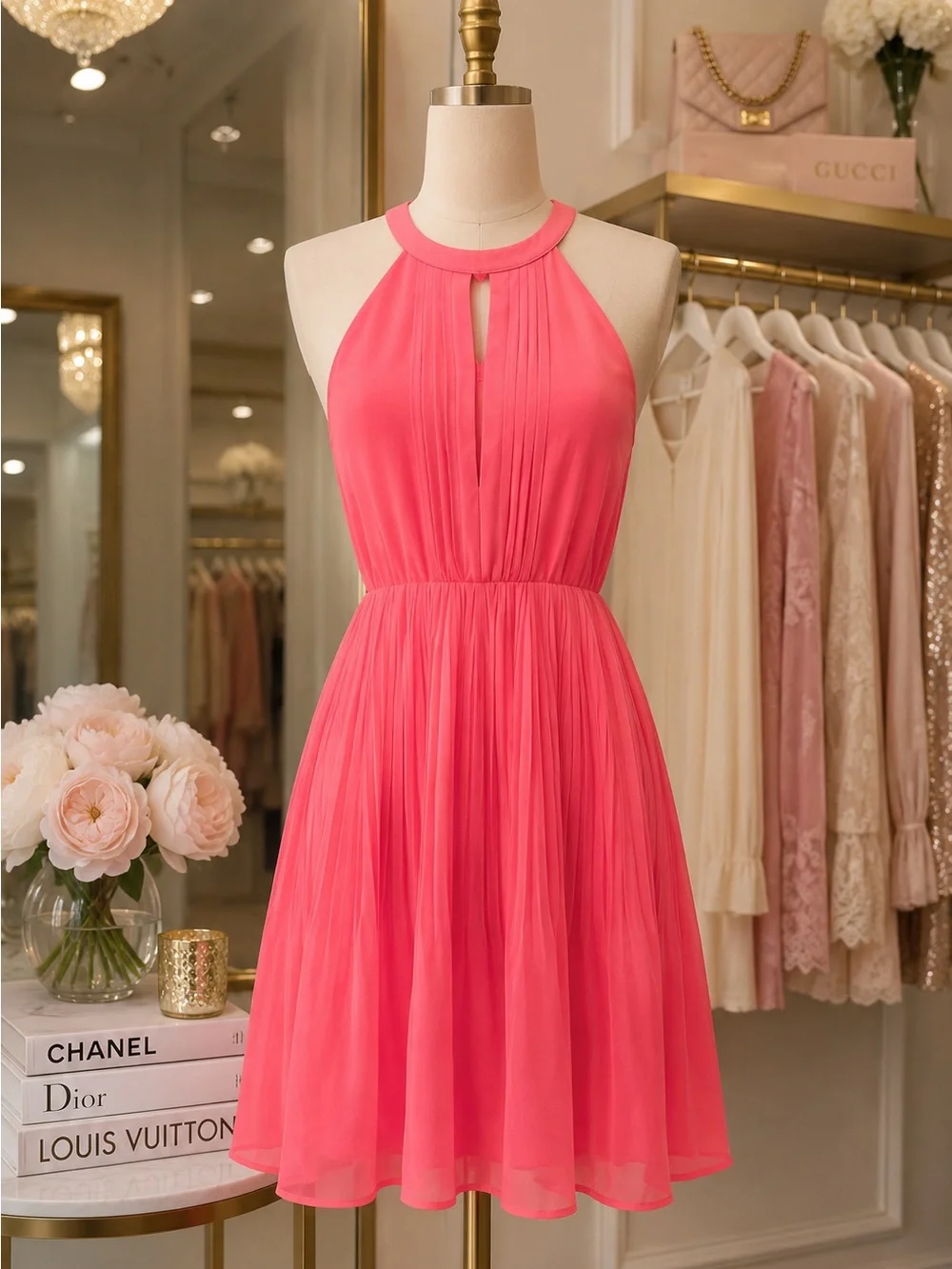 Bebe Coral Pink Pleated Halter Dress XS Fit & Flare Cocktail Party Mini - Picture 2 of 10
